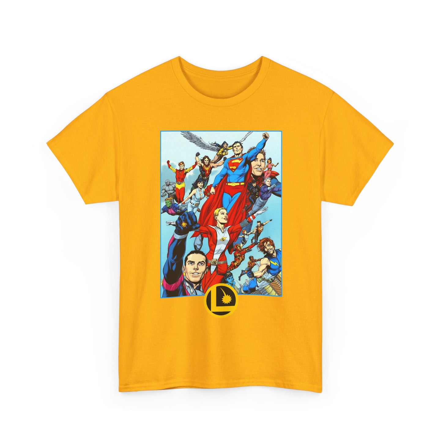 Legion of Super-Heroes T-Shirt - Gary Frank Art - Superman, Saturn Girl, Cosmic Boy, Dawnstar, Brainiac 5, Phantom Girl, Wildfire, Blok, Lightning Lad, Timber Wolf - LOSH - DC Comics