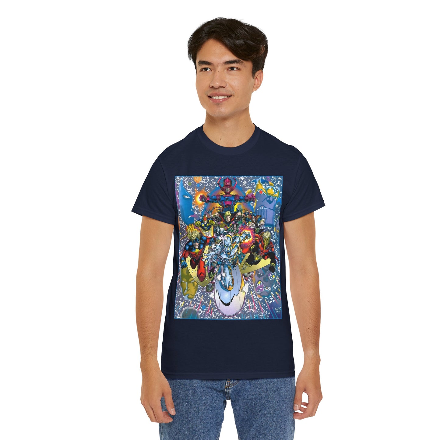 Marvel Cosmic Heroes T-Shirt - Silver Surfer, Captain Marvel, Adam Warlock, Quasar, Nova, Galactus, Jack of Hearts, Moondragon, Thanos