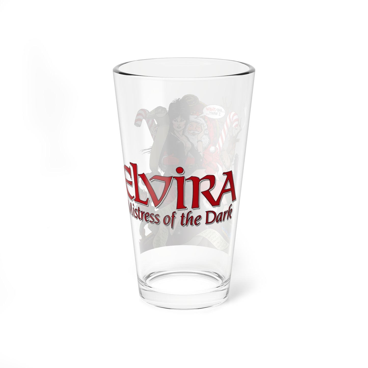 Elvira Pint Glass, 16oz - Mistress of the Dark - DC Comics Holiday Special Art - Sitting on Santa Claus' Lap