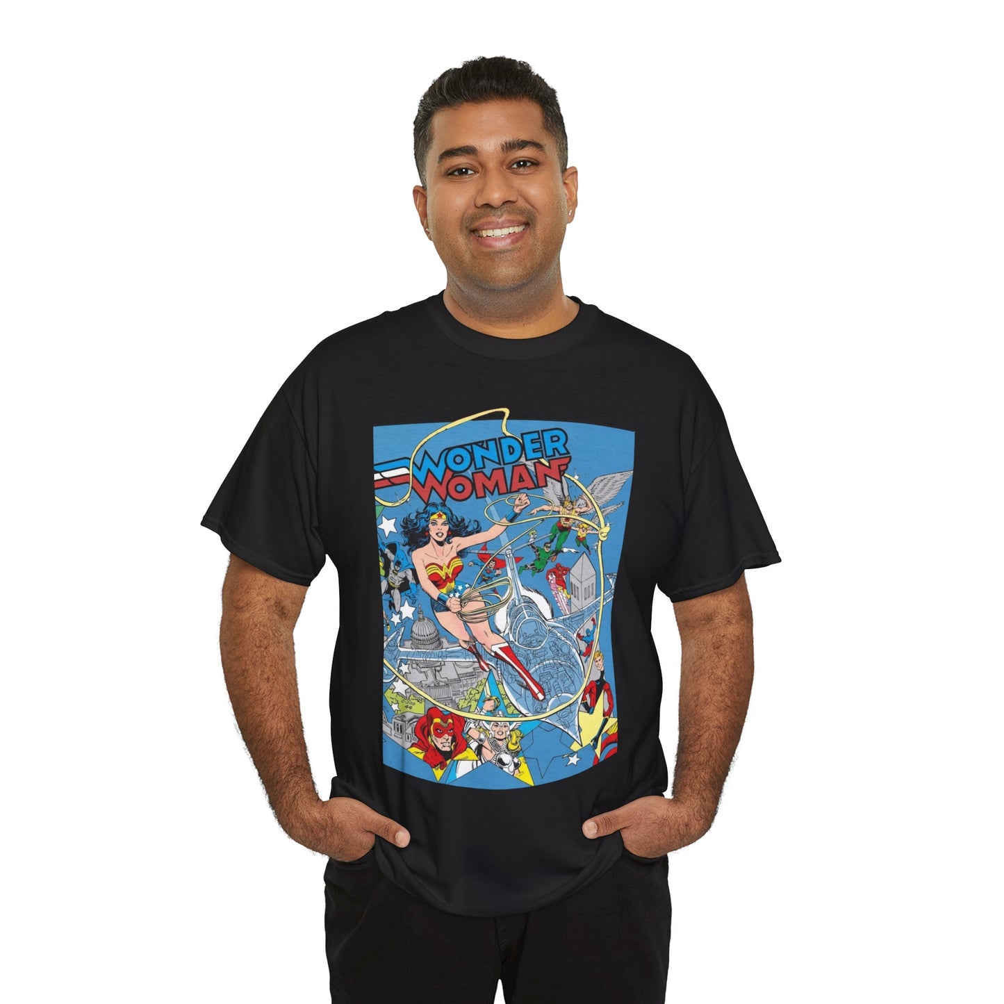 Wonder Woman T-Shirt - Ed Hannigan Art - #300 Cover Art - Hawkman, Green Lantern, Elongated Man, Sandman - DC Comics