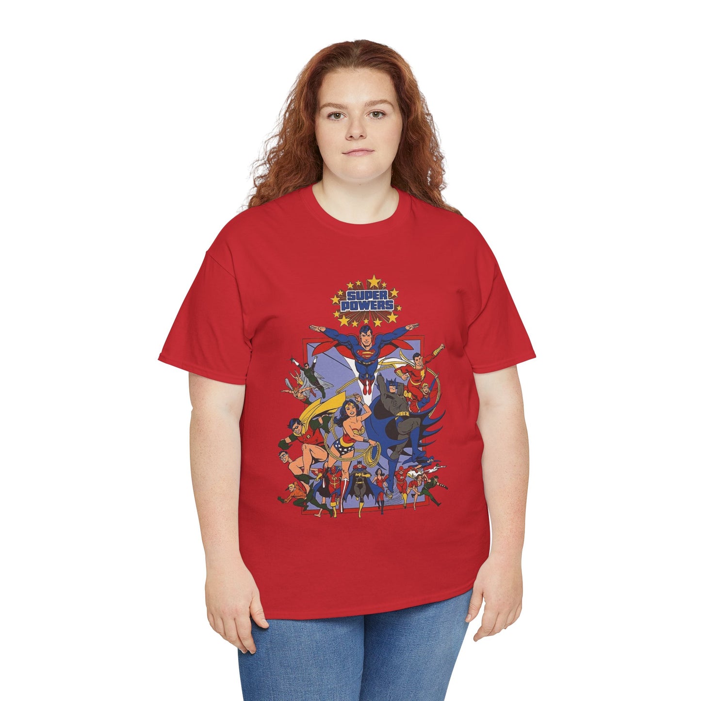 Super Powers T-Shirt - Superman, Flash, Wonder Woman, Batman, Batgirl, Robin, Plastic Man, Aquaman, Hawkman, Supergirl - 1980s Kenner Toy Line - Retro DC Comics