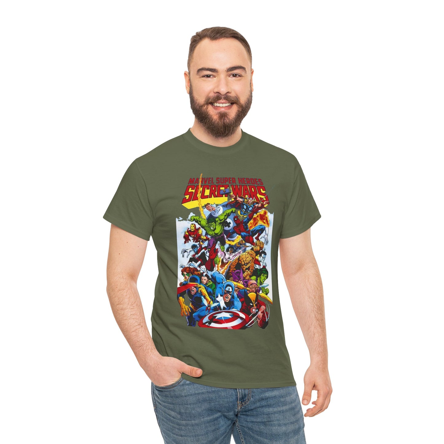 Secret Wars T-Shirt - Spider-man, Wolverine, Iron Man, Captain America, Cyclops, Rogue, Hulk, Mr Fantastic, The Thing - Classic Marvel Comics 1980s Series - The Beyonder