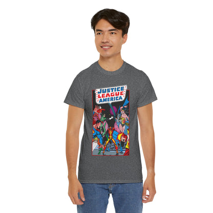 Justice League of America T-Shirt - George Perez Art - 1980s Satellite Era - Superman, Wonder Woman, Firestorm, Green Lantern, Batman - DC Comics