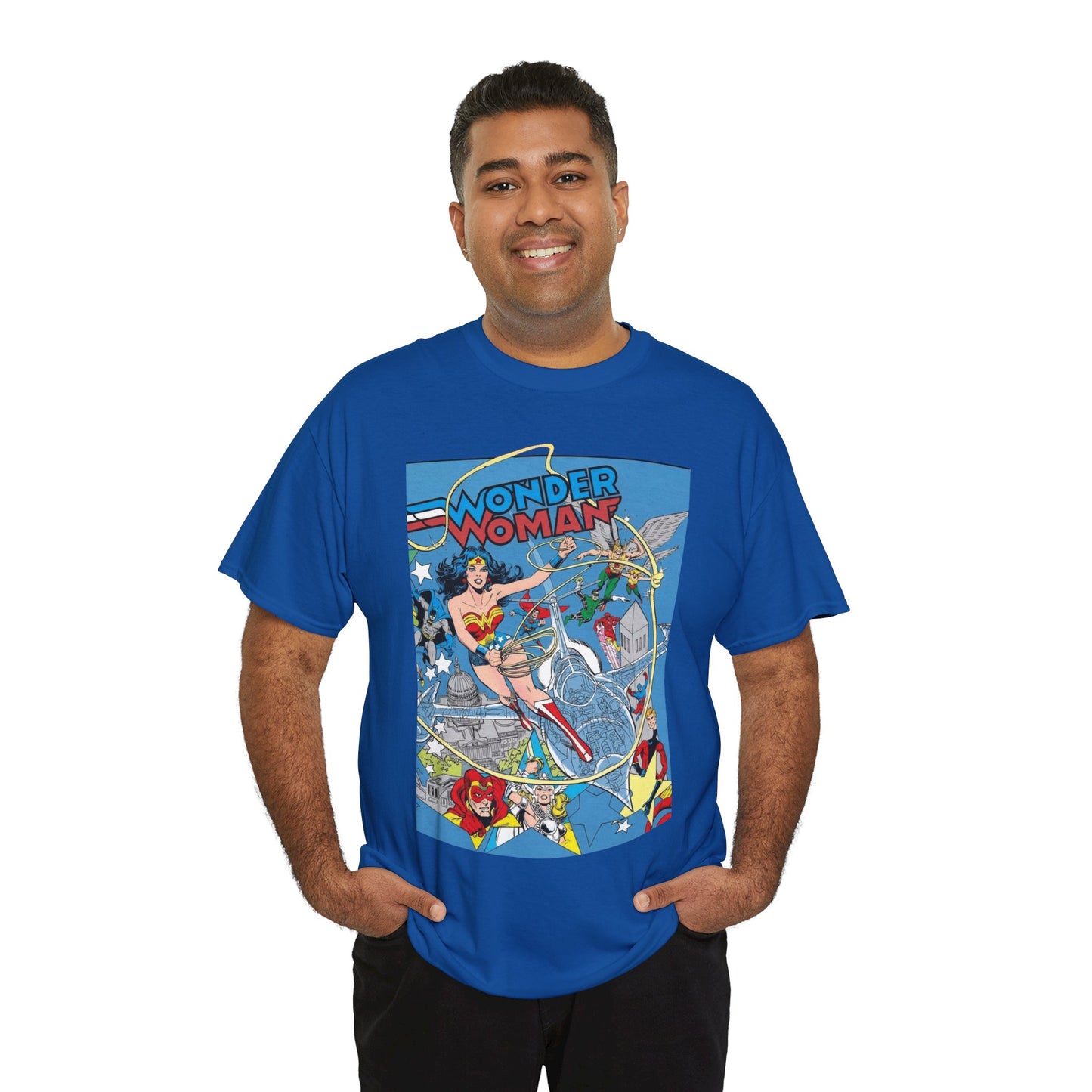 Wonder Woman T-Shirt - Ed Hannigan Art - #300 Cover Art - Hawkman, Green Lantern, Elongated Man, Sandman - DC Comics