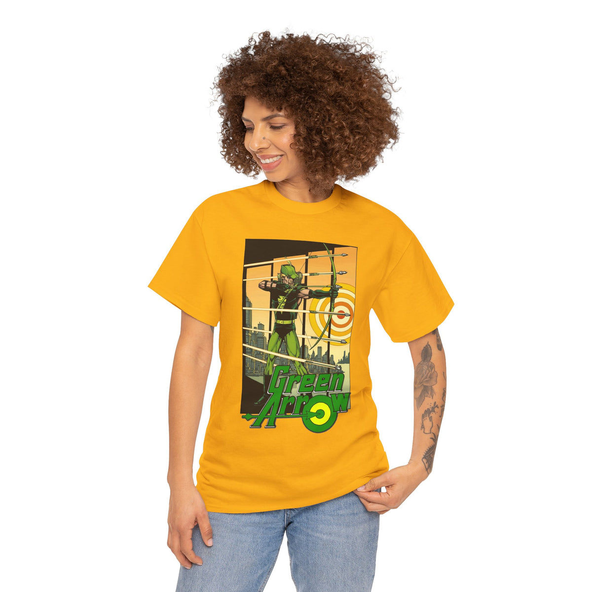 Green Arrow T-Shirt - George Perez Art - 1980s Justice League Postcard Art - JLA - DC Comics