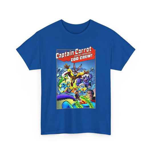 Blue t-shirt with 'Captain Carrot and his Amazing Zoo Crew' graphic design on a white background