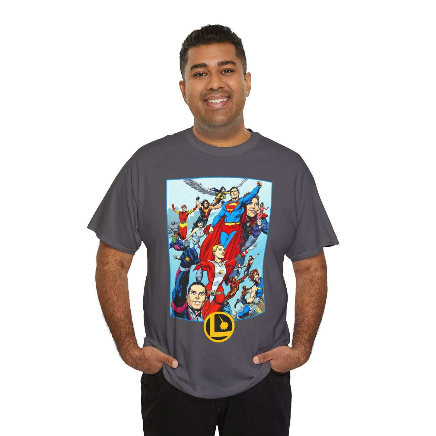 Legion of Super-Heroes T-Shirt - Gary Frank Art - Superman, Saturn Girl, Cosmic Boy, Dawnstar, Brainiac 5, Phantom Girl, Wildfire, Blok, Lightning Lad, Timber Wolf - LOSH - DC Comics