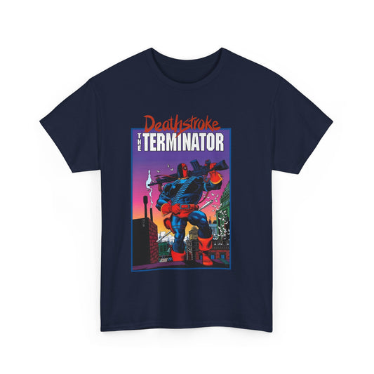 Navy blue t-shirt with 'Deathstroke The Terminator' graphic design on a white background