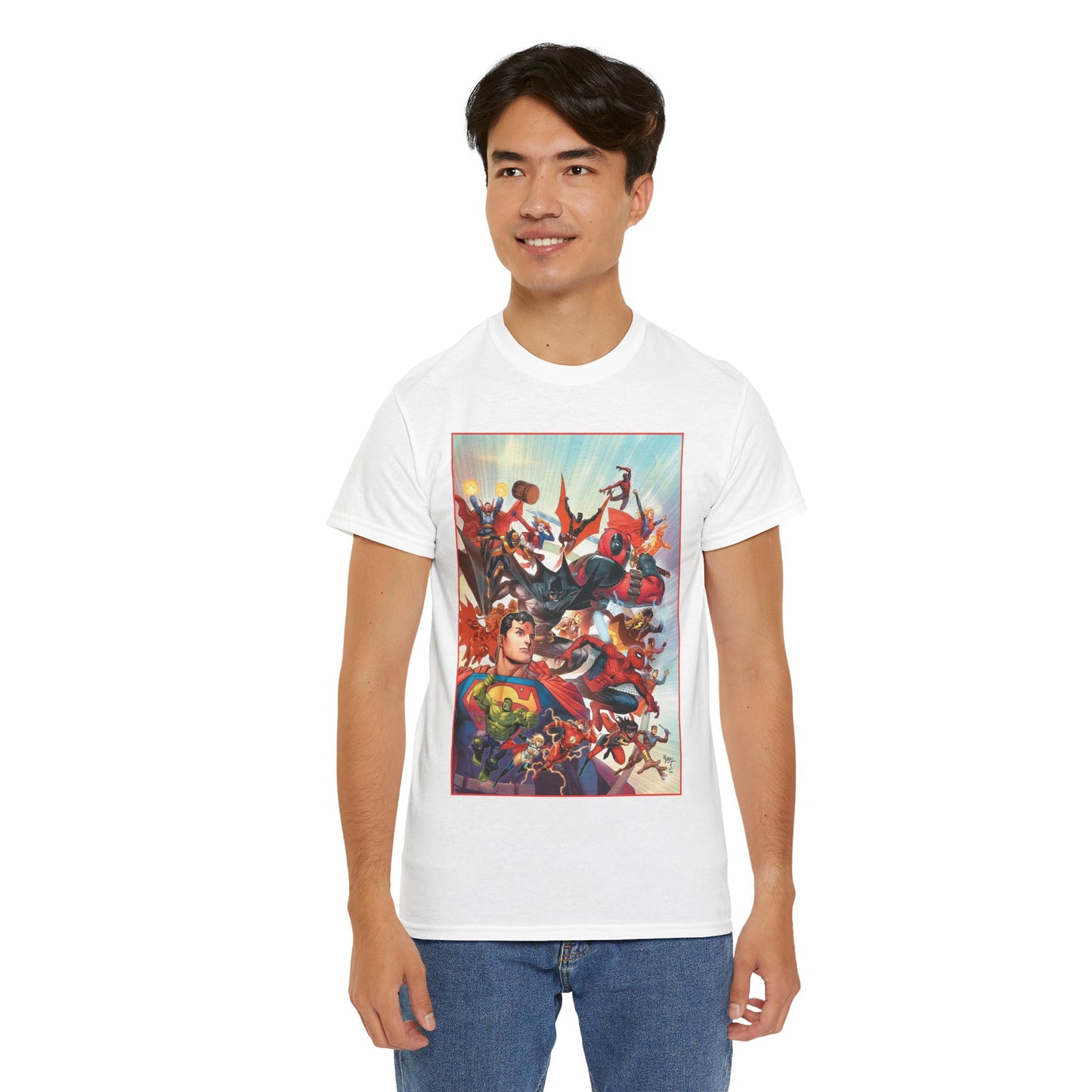 DC/Marvel T-Shirt - The Cosmic Kiss Caper & Other Stories Cover Art - Superman, Deadpool, Spider-Man, Harley Quinn, Batman Beyond, Static, Dr. Strange - DC Comics/Marvel