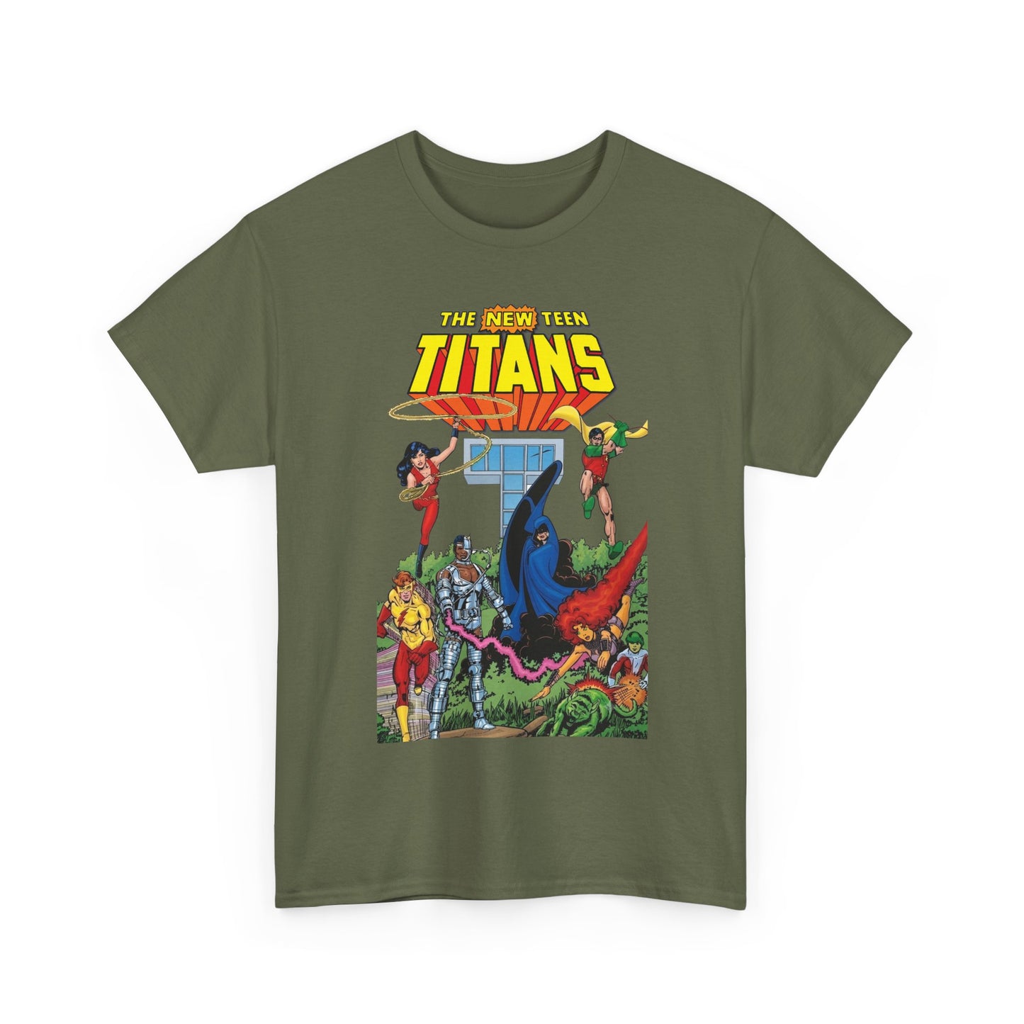 New Teen Titans T-Shirt - George Perez Art - Robin, Wonder Girl, Cyborg, Raven, Changeling, Starfire, Kid Flash - Titans Tower - DC Comics