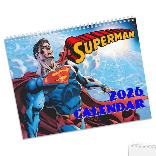 Superman 2026 calendar with a superhero design on a white background