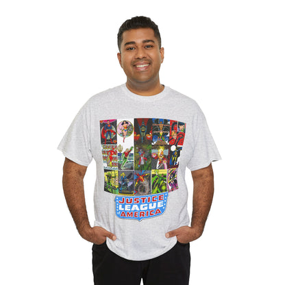 JLA Postcard T-Shirt - George Perez Art - Zatanna, Green Lantern, Flash, Batman, Hawkman, Wonder Woman, Firestorm - Justice League of America - DC Comics