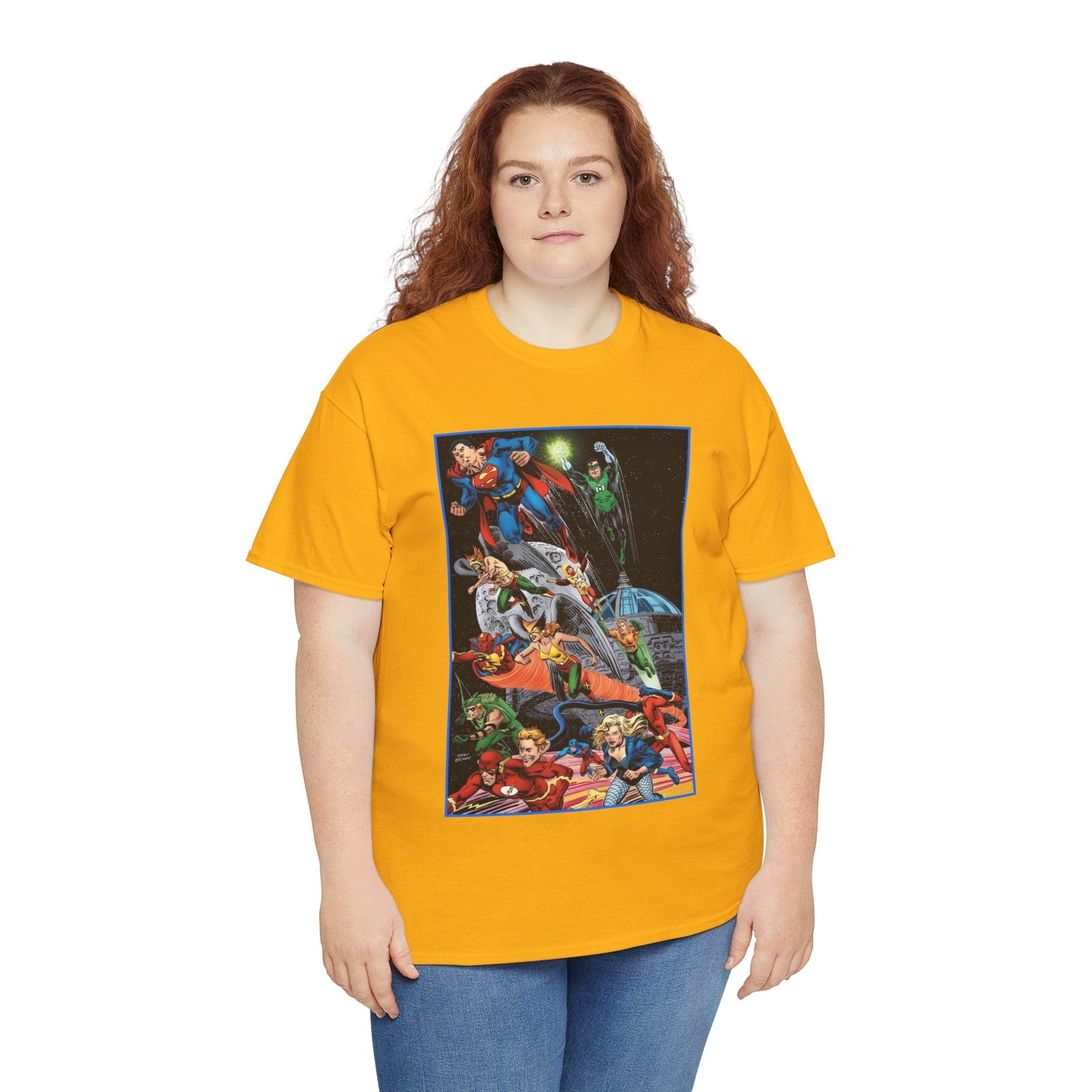 Justice League of America T-Shirt - Jerry Ordway Art - Superman, Wonder Woman, Firestorm, Flash, Black Canary, Atom - DC Comics
