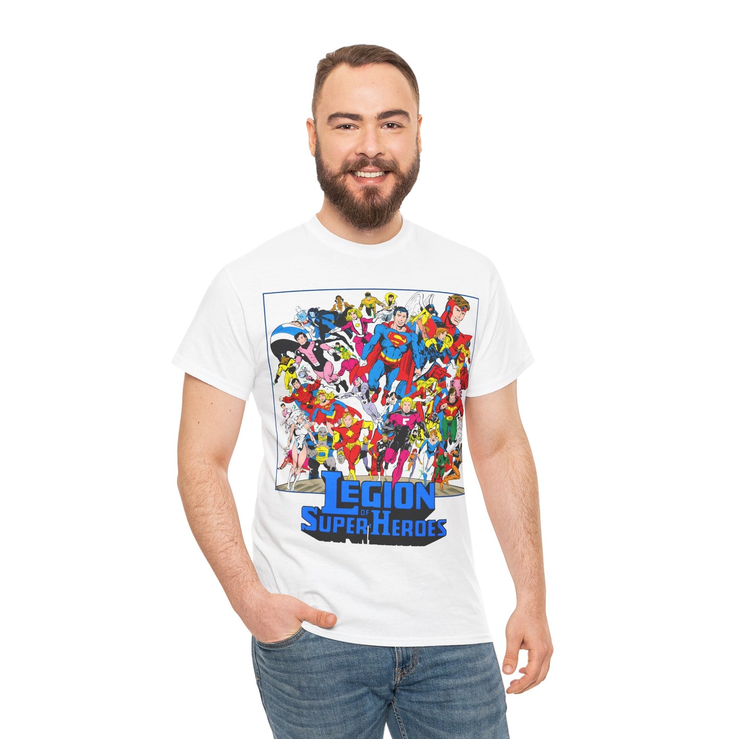 Legion of Super-Heroes T-Shirt - Greg Laroque Art - Who's Who in DC Comics - Superboy, Cosmic Boy, Dream Girl, Dawnstar, Supergirl, Sun Boy, Wildfire, Element Lad, Invisible Kid, Saturn Girl, Lightning Lad - DC Comics
