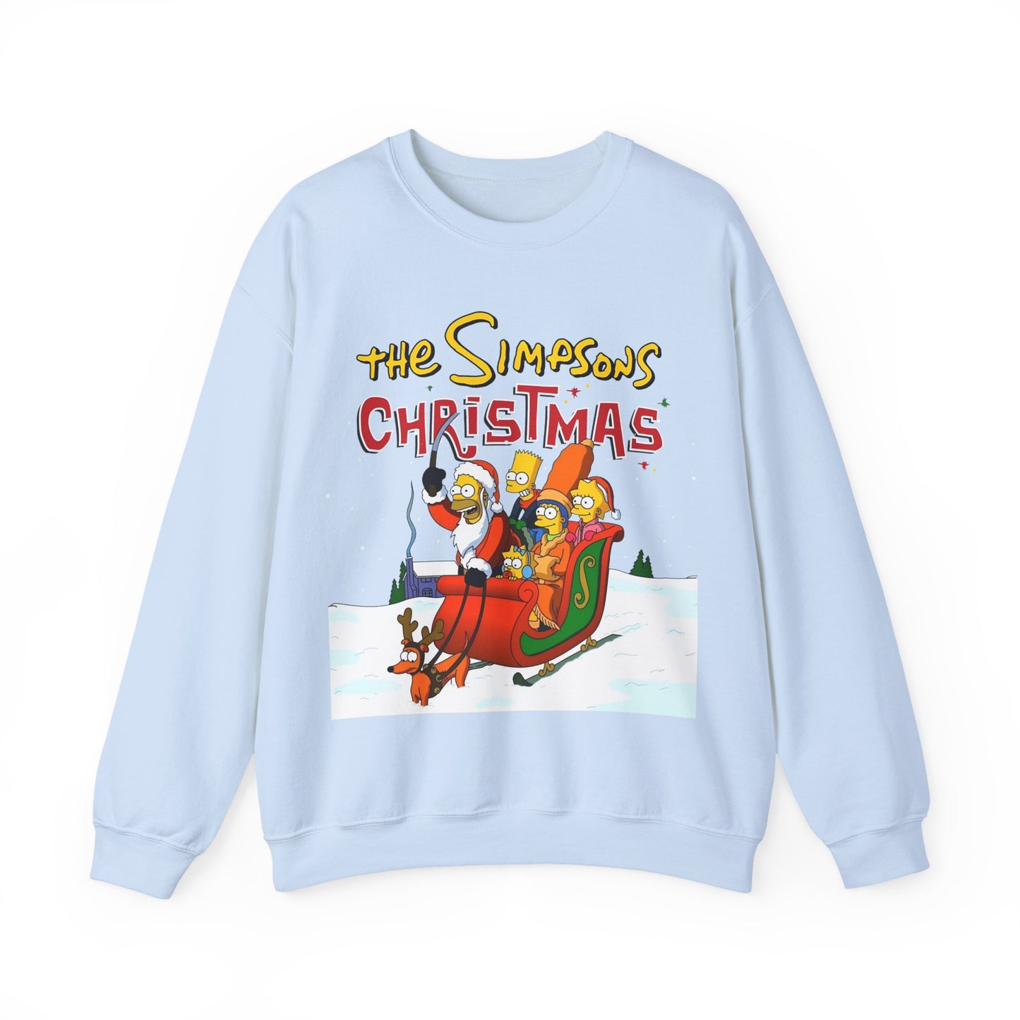 Simpsons Family Christmas Crewneck Sweatshirt - Homer, Marge, Bart, Lisa, Maggie - Riding a Christmas Sleigh Through the Winter Snow
