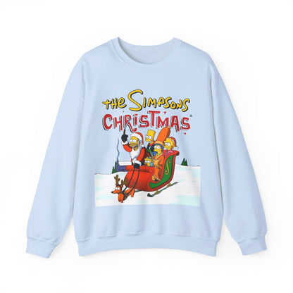 Simpsons Family Christmas Crewneck Sweatshirt - Homer, Marge, Bart, Lisa, Maggie - Riding a Christmas Sleigh Through the Winter Snow
