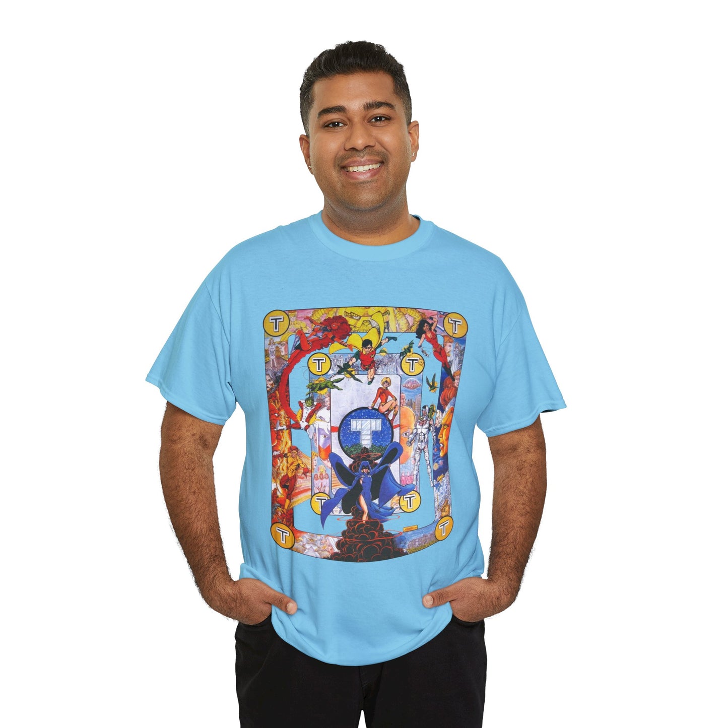 New Teen Titans Poster T-Shirt - George Perez Art - Cyborg, Raven, Robin, Terra, Wonder Girl, Changeling, Kid Flash, Deathstroke, Blackfire - DC Comics