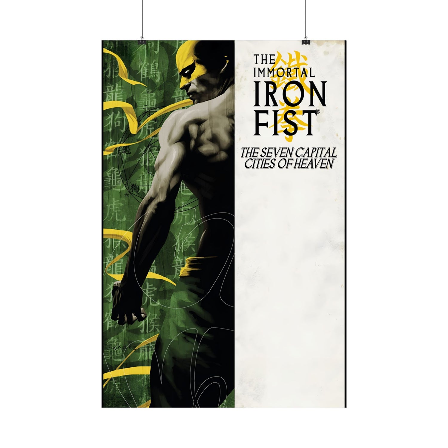 Poster of 'The Immortal Iron Fist' with a character in a dynamic pose on a green and white background. Popular Marvel Comics character.