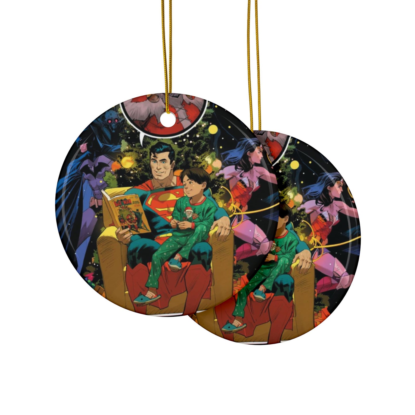 Superman in Santa's Chair Ceramic Ornaments, 2-Side Print, (3pcs, 5pcs, 10pcs) - Batman, Wonder Woman - Christmas Comic Book Art
