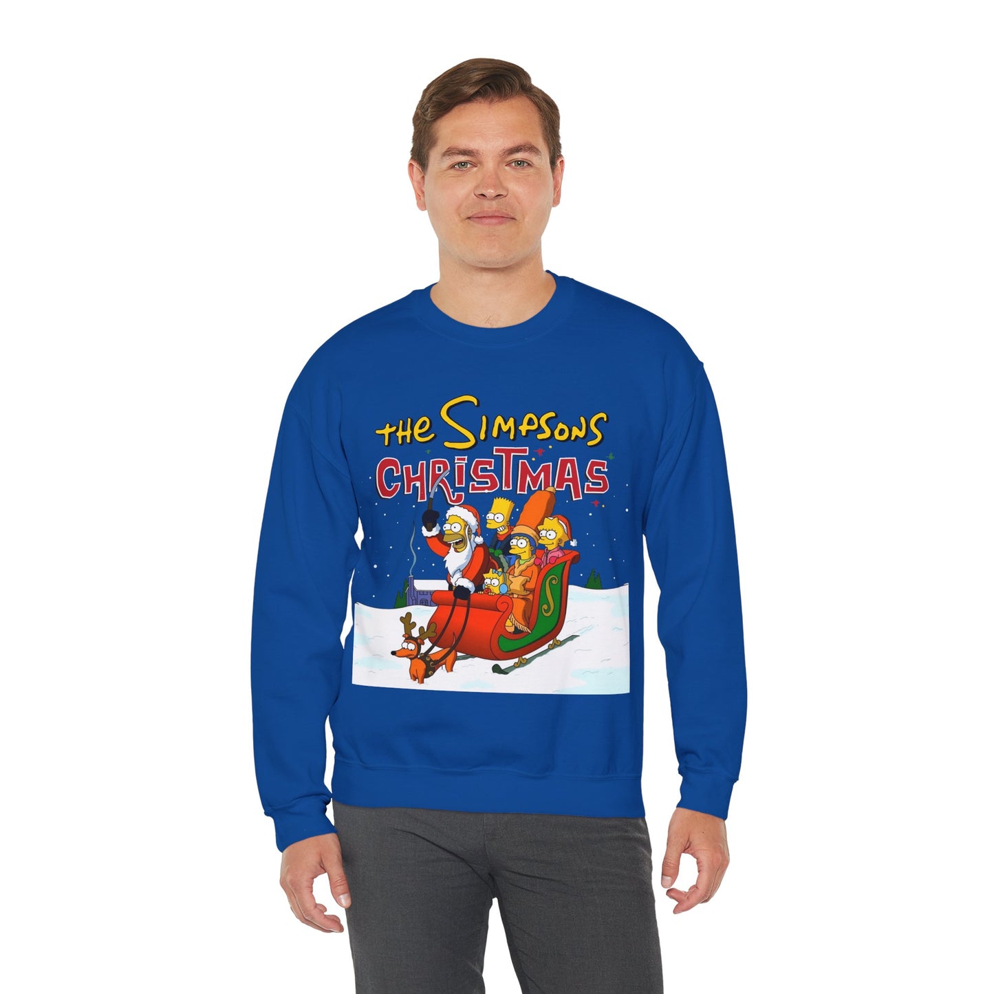 Simpsons Family Christmas Crewneck Sweatshirt - Homer, Marge, Bart, Lisa, Maggie - Riding a Christmas Sleigh Through the Winter Snow