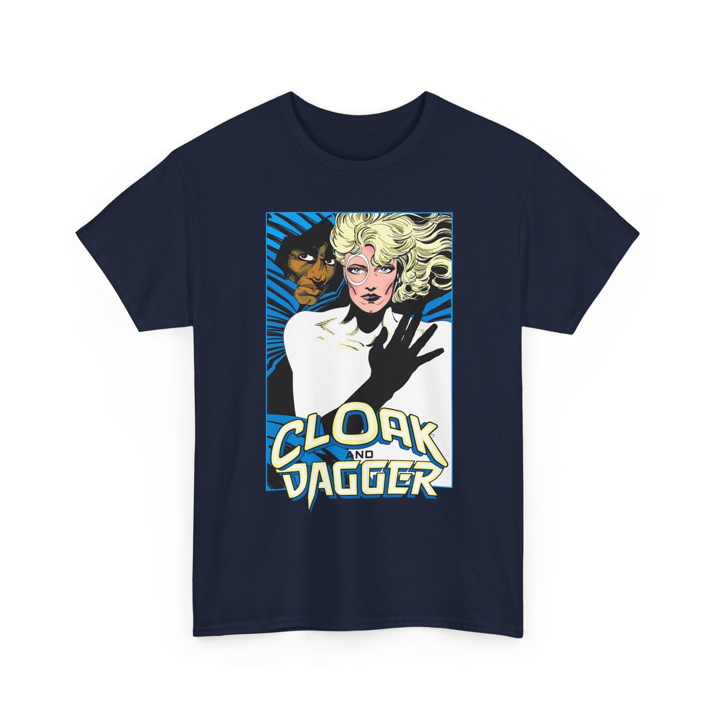 Navy blue t-shirt with Marvel Comics 'Cloak and Dagger' graphic design on a white background