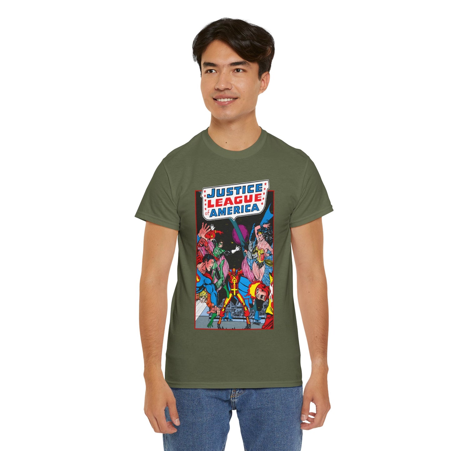 Justice League of America T-Shirt - George Perez Art - 1980s Satellite Era - Superman, Wonder Woman, Firestorm, Green Lantern, Batman - DC Comics