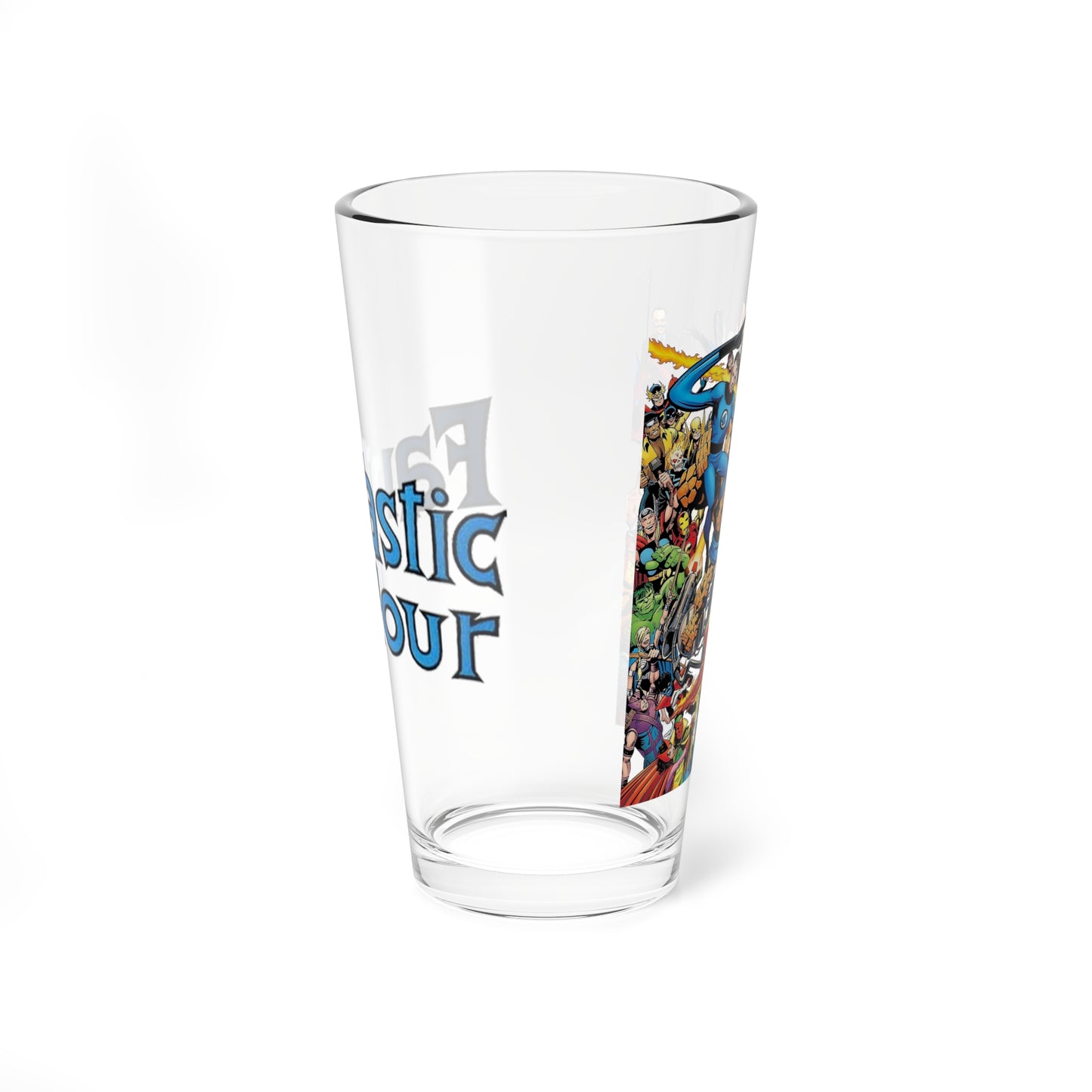 Fantastic Four 16oz Pint Glass - Marvel Comics - John Byrne Art - Human Torch, The Thing, Invisible Woman, Reed Richards