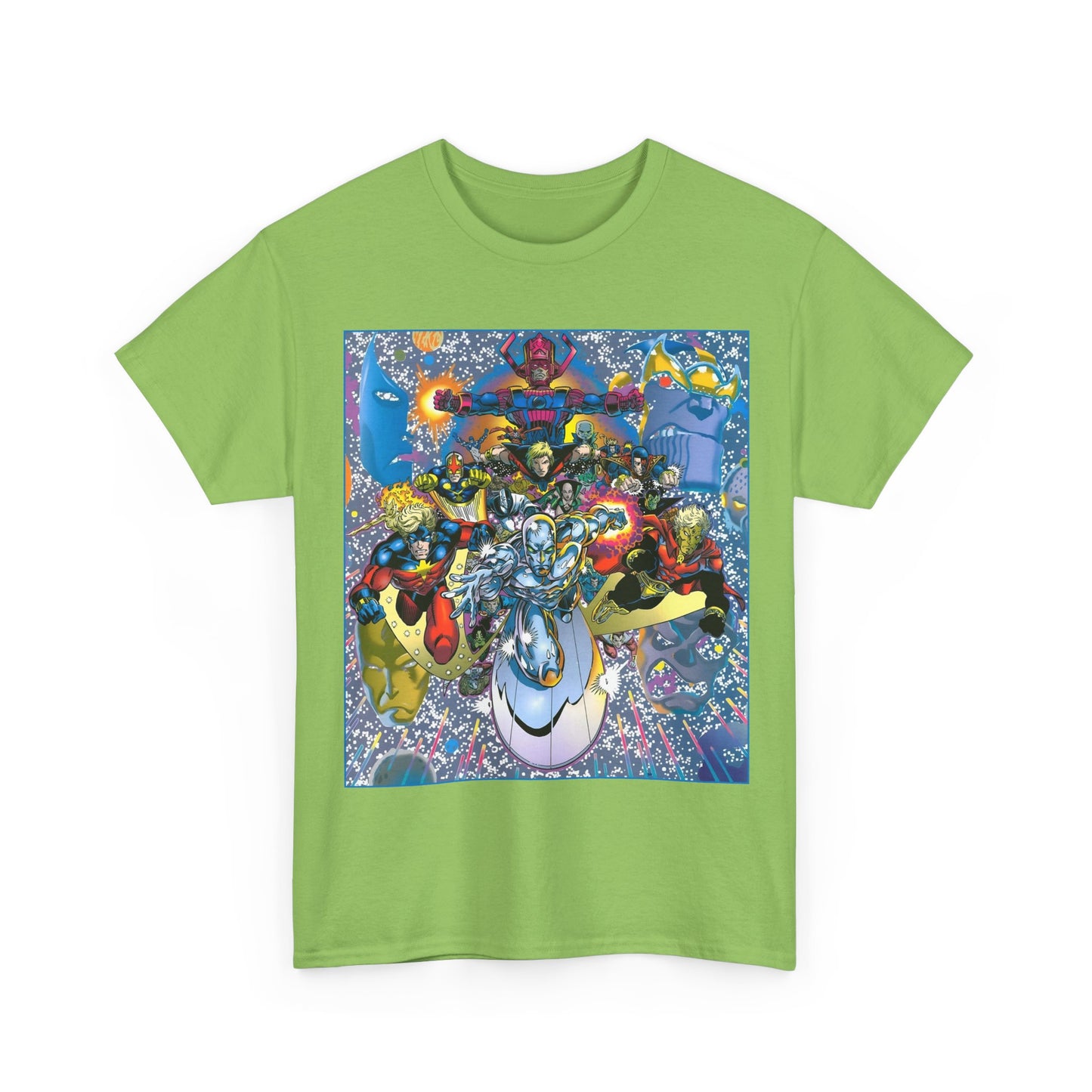 Marvel Cosmic Heroes T-Shirt - Silver Surfer, Captain Marvel, Adam Warlock, Quasar, Nova, Galactus, Jack of Hearts, Moondragon, Thanos