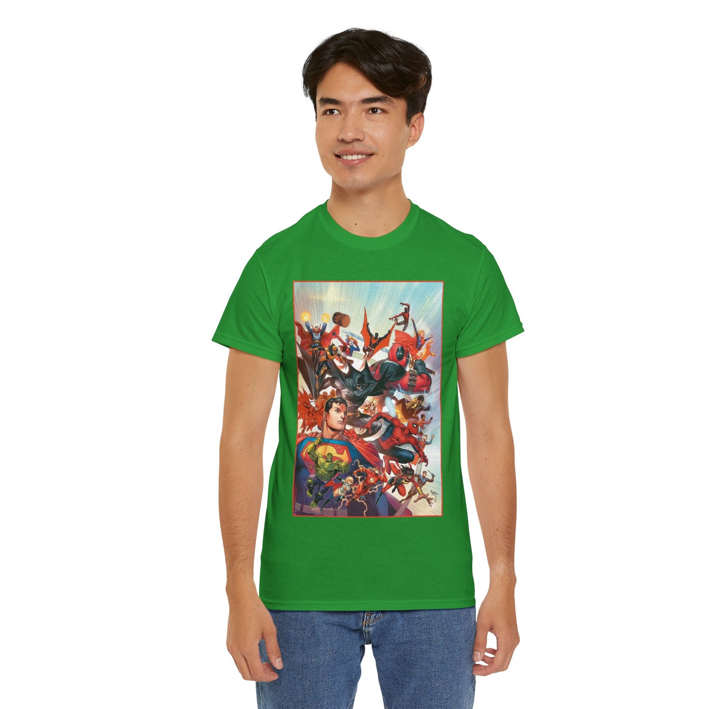 DC/Marvel T-Shirt - The Cosmic Kiss Caper & Other Stories Cover Art - Superman, Deadpool, Spider-Man, Harley Quinn, Batman Beyond, Static, Dr. Strange - DC Comics/Marvel