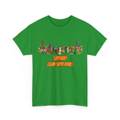 Superboy & Legion of Super-Heroes T-Shirt - 1970s DC Comics Art - Saturn Girl, Lightning Lad, Brainiac 5, Supergirl, Dawnstar, Mon-El, Bouncing Boy, Wildfire - LOSH