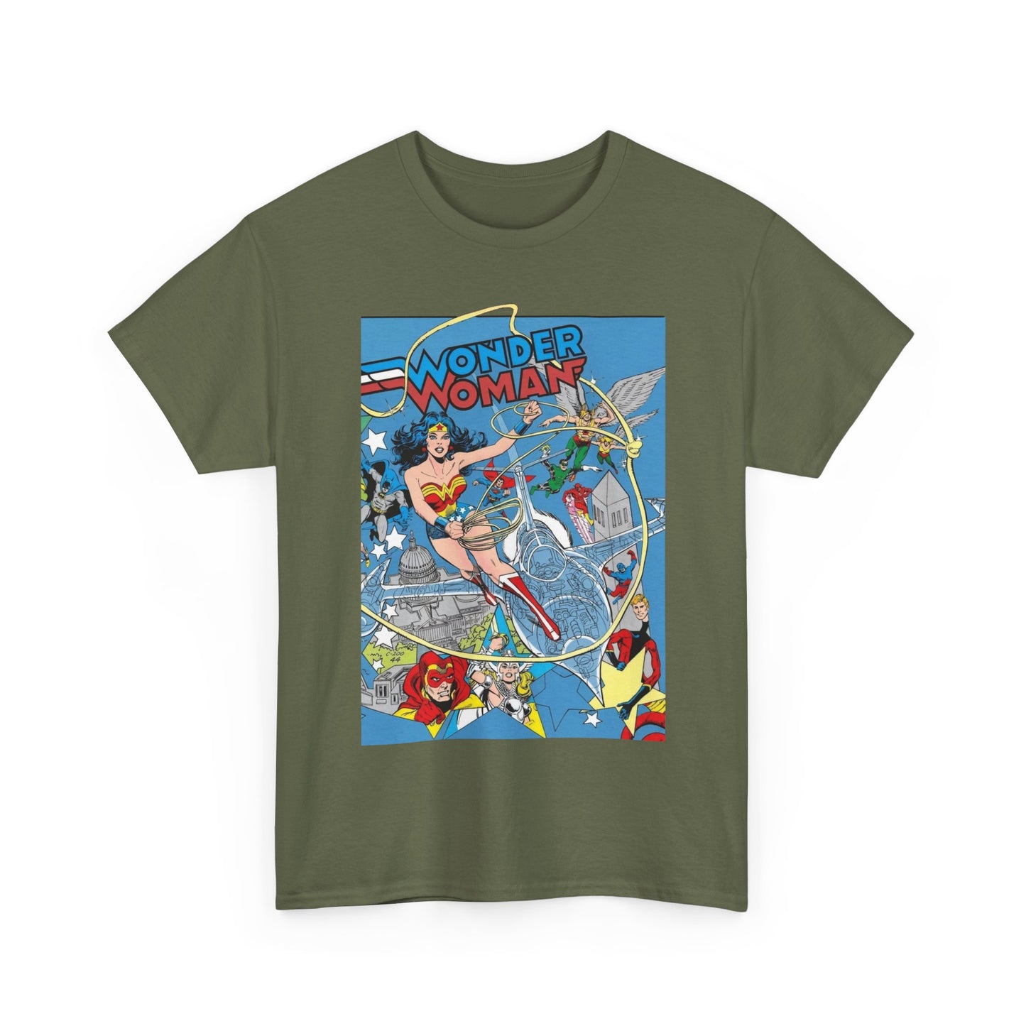 Wonder Woman T-Shirt - Ed Hannigan Art - #300 Cover Art - Hawkman, Green Lantern, Elongated Man, Sandman - DC Comics