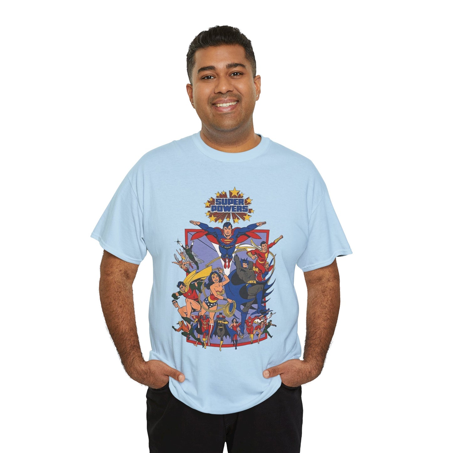 Super Powers T-Shirt - Superman, Flash, Wonder Woman, Batman, Batgirl, Robin, Plastic Man, Aquaman, Hawkman, Supergirl - 1980s Kenner Toy Line - Retro DC Comics