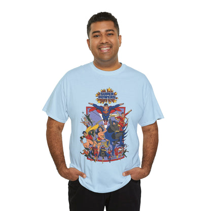 Super Powers T-Shirt - Superman, Flash, Wonder Woman, Batman, Batgirl, Robin, Plastic Man, Aquaman, Hawkman, Supergirl - 1980s Kenner Toy Line - Retro DC Comics