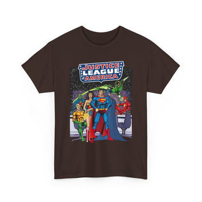 Justice League T-Shirt - George Perez Art - JLA Satellite Era - Superman, Wonder Woman, Green Lantern, Batman, Flash, Aquaman, Martian Manhunter - DC Comics