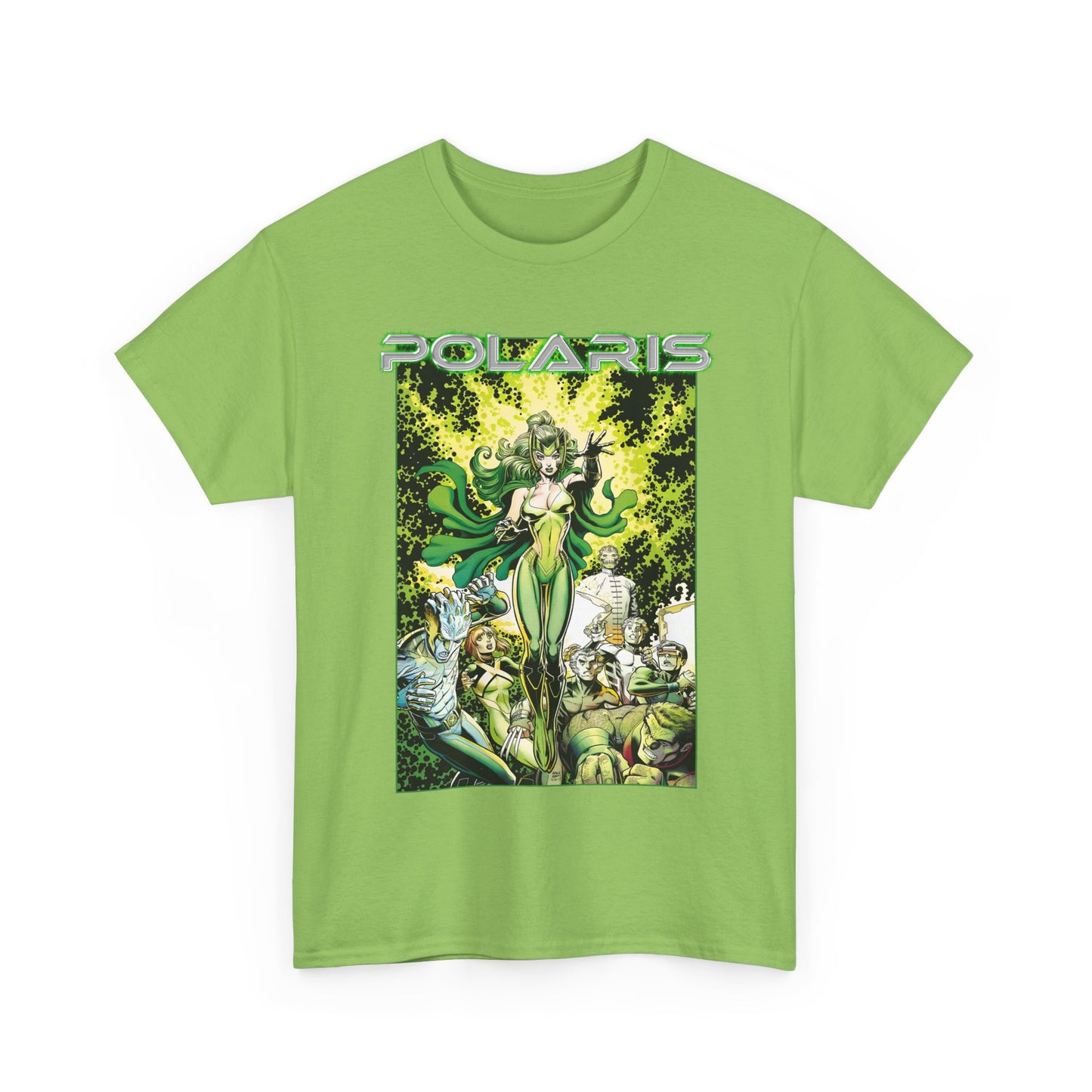 Green t-shirt with a graphic design of 'Polaris' on a white background