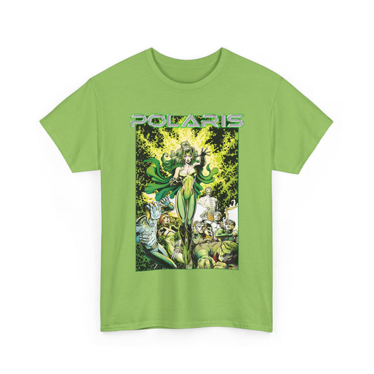 Green t-shirt with a graphic design of 'Polaris' on a white background