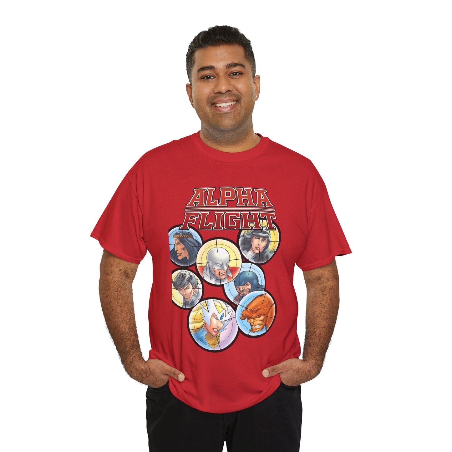 Alpha Flight T-Shirt - John Byrne Art - Guardian, Aurora, Northstar, Sasquatch, Shaman, Puck, Snowbird - Canada's Super Heroes - Marvel Comics
