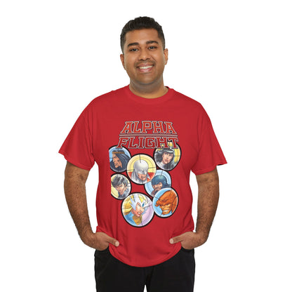 Alpha Flight T-Shirt - John Byrne Art - Guardian, Aurora, Northstar, Sasquatch, Shaman, Puck, Snowbird - Canada's Super Heroes - Marvel Comics
