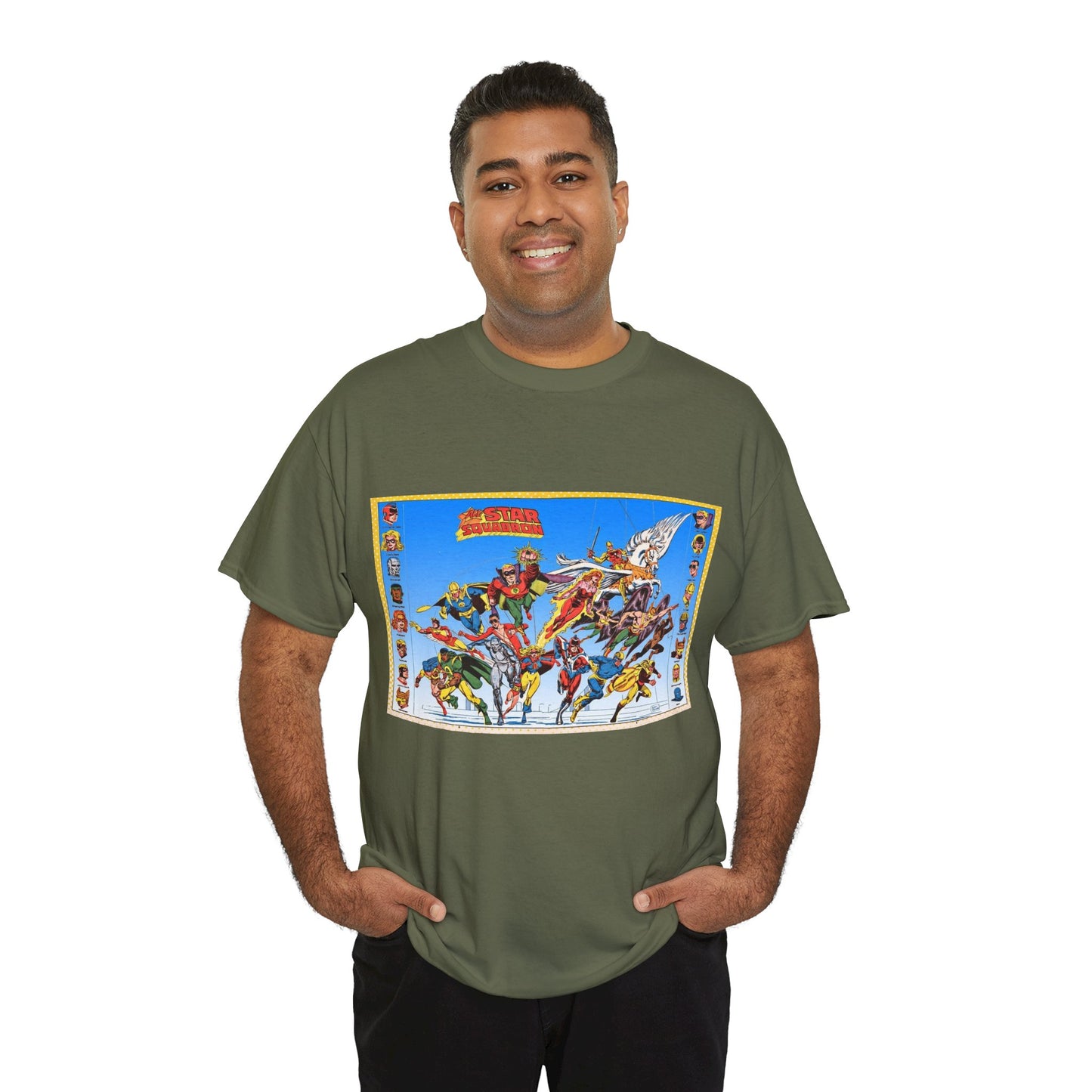 All-Star Squadron T-Shirt - Jerry Ordway Art - JSA Connection - Firebrand, Robotman, Amazing Man, Shining Knight, Tarantula, Dr Fate - Retro 1980s Series - DC Comics