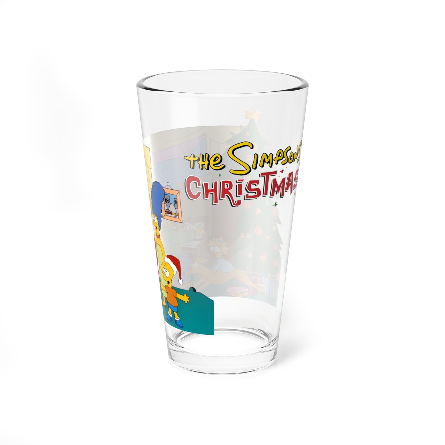 Simpsons Family Christmas Pint Glass, 16oz - Homer, Marge, Bart, Lisa, Maggie, Grandpa, Santa's Little Helper