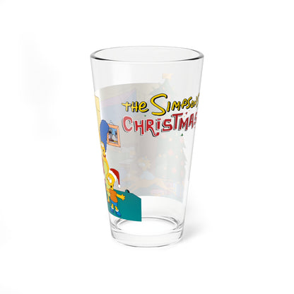 Simpsons Family Christmas Pint Glass, 16oz - Homer, Marge, Bart, Lisa, Maggie, Grandpa, Santa's Little Helper