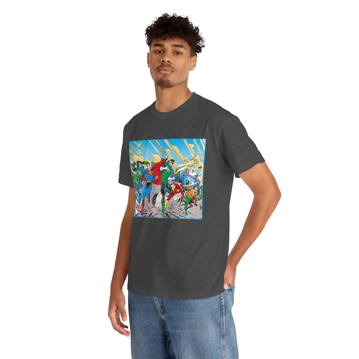 Justice League America/Europe T-Shirt - Dan Jurgens Art - Superman, Blue Beetle, Booster Gold, Green Lantern, Aquaman, Power Girl, Guy Gardner, Flash - DC Comics