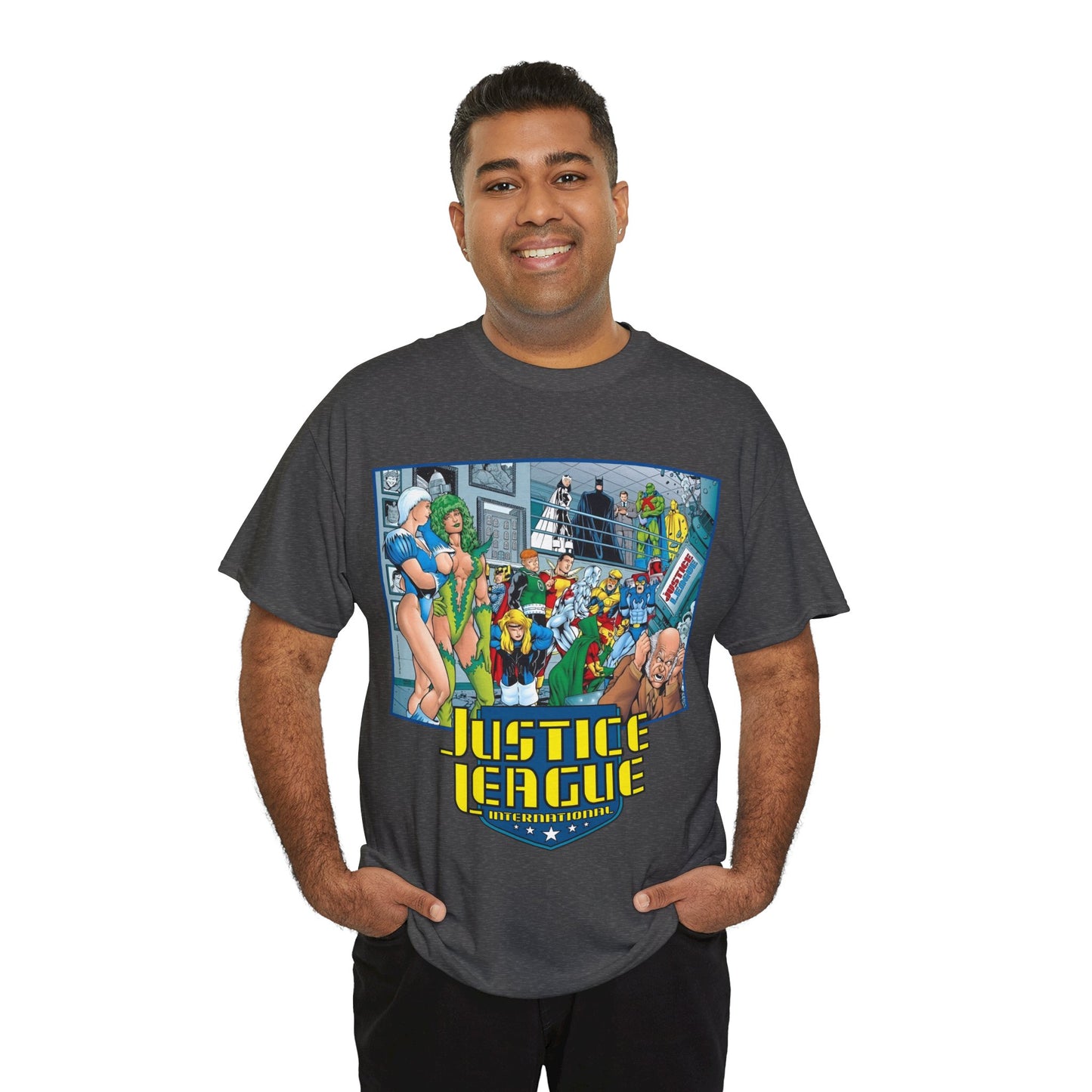 Justice League International T-Shirt - Kevin Maguire Art - Blue Beetle, Booster Gold, Martian Manhunter, Captain Atom, Batman, Fire, Ice - DC Comics - JLI