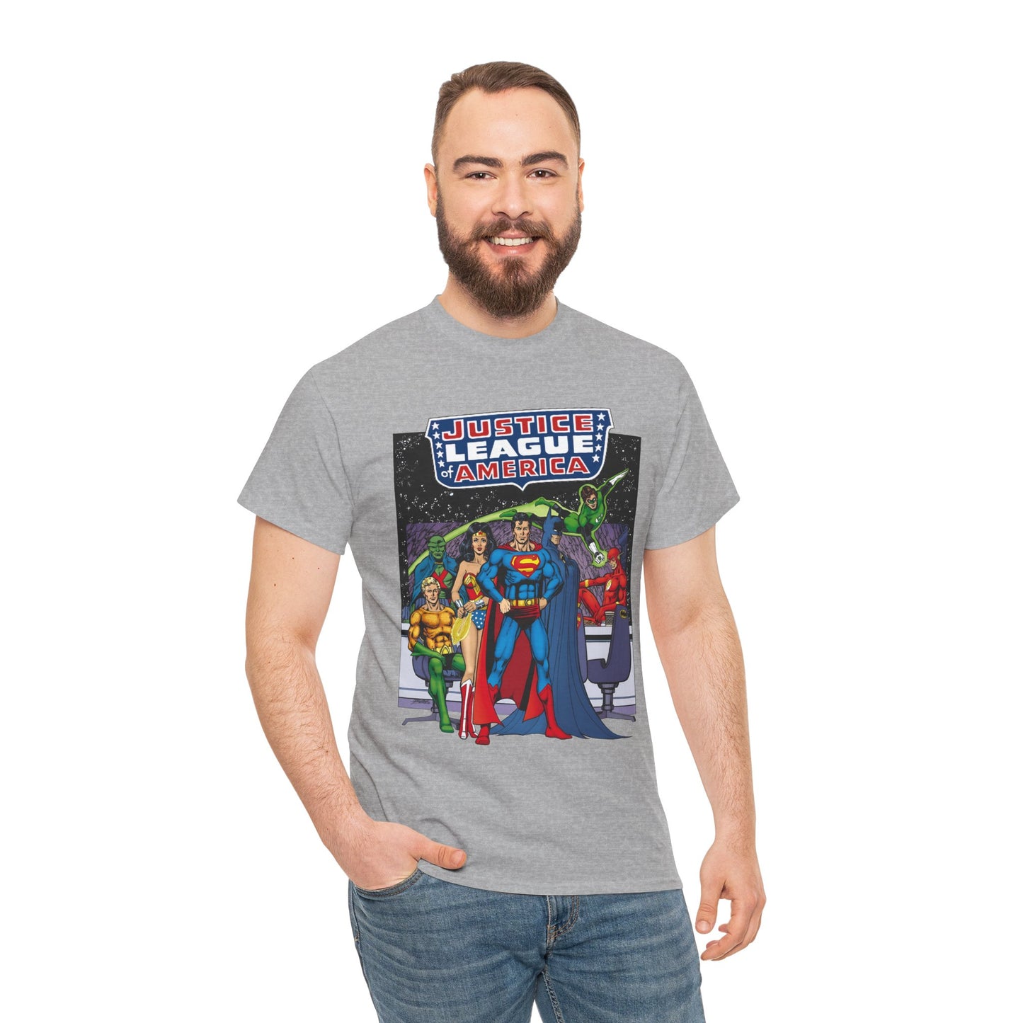 Justice League T-Shirt - George Perez Art - JLA Satellite Era - Superman, Wonder Woman, Green Lantern, Batman, Flash, Aquaman, Martian Manhunter - DC Comics