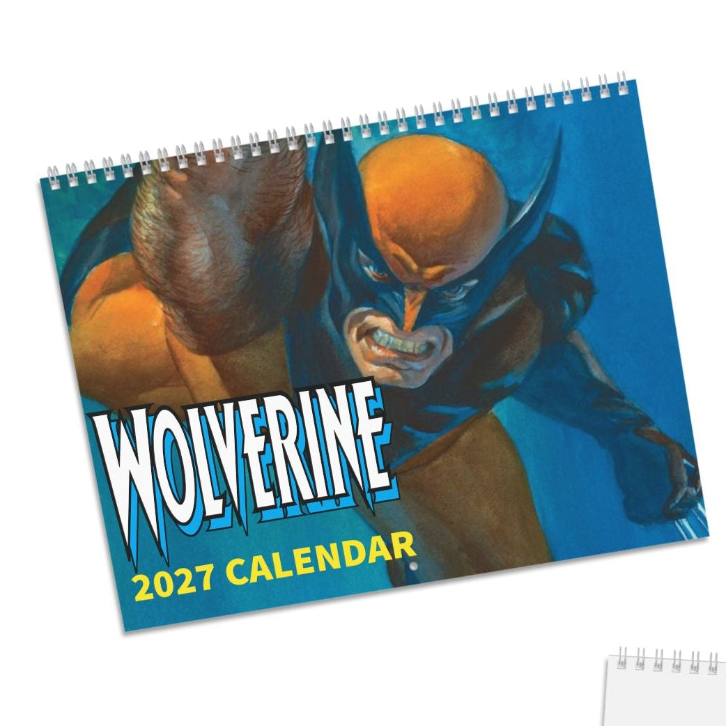 A 2027 Wolverine wall calendar shown from two angles on a white background: one angled view displaying the illustrated cover with Wolverine on blue-toned artwork, and one flat view showing a blank white page with a small printed cover label.