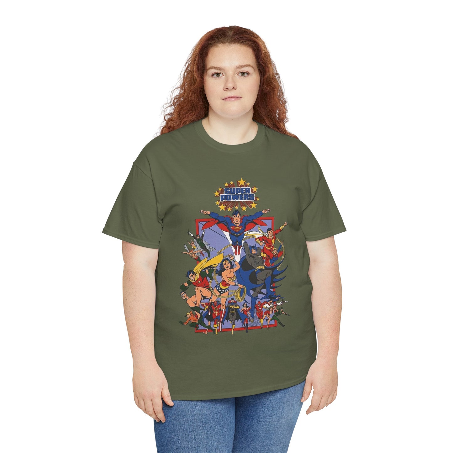 Super Powers T-Shirt - Superman, Flash, Wonder Woman, Batman, Batgirl, Robin, Plastic Man, Aquaman, Hawkman, Supergirl - 1980s Kenner Toy Line - Retro DC Comics