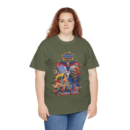 Super Powers T-Shirt - Superman, Flash, Wonder Woman, Batman, Batgirl, Robin, Plastic Man, Aquaman, Hawkman, Supergirl - 1980s Kenner Toy Line - Retro DC Comics