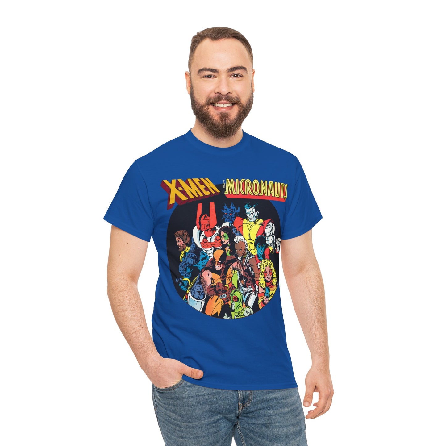 X-Men/Micronauts T-Shirt - Wolverine, Storm, Nightcrawler, Kitty Pryde, Colossus, Acroyear, Arcturus Rann, Marionette Bug - Marvel Comics - Popular 1980s Crossover Mini-Series