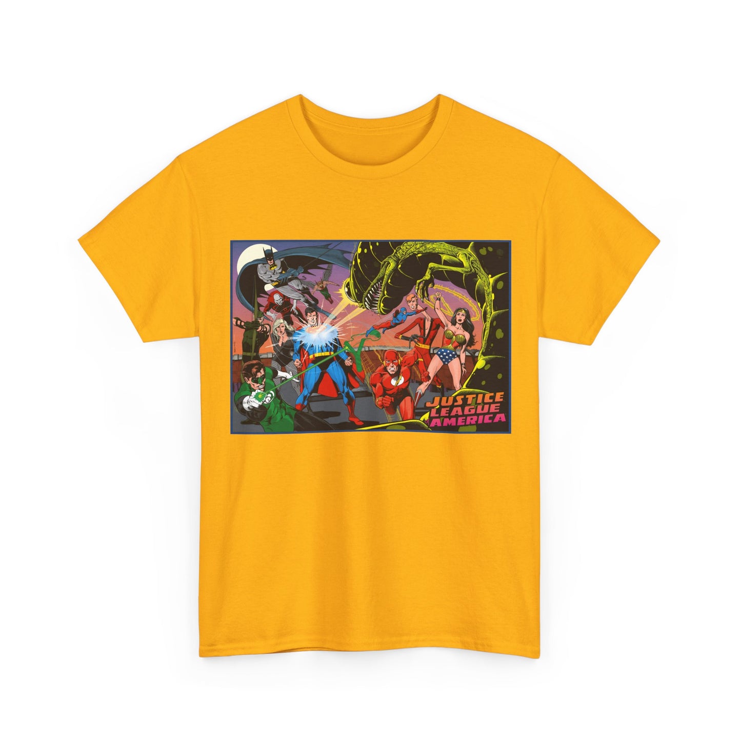 Justice League of America T-Shirt - Brian Bolland Art - Superman, Green Lantern, Wonder Woman, Batman, Flash, Elongated Man, Black Canary, Green Arrow, Atom - DC Comics