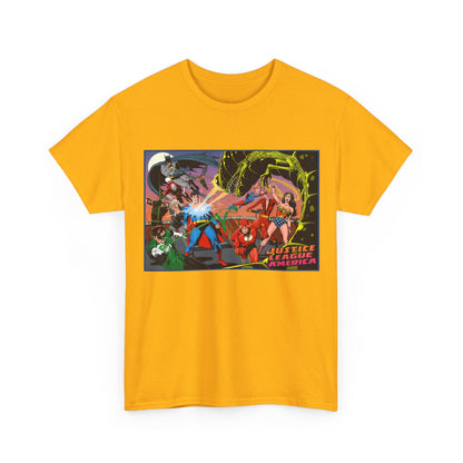 Justice League of America T-Shirt - Brian Bolland Art - Superman, Green Lantern, Wonder Woman, Batman, Flash, Elongated Man, Black Canary, Green Arrow, Atom - DC Comics